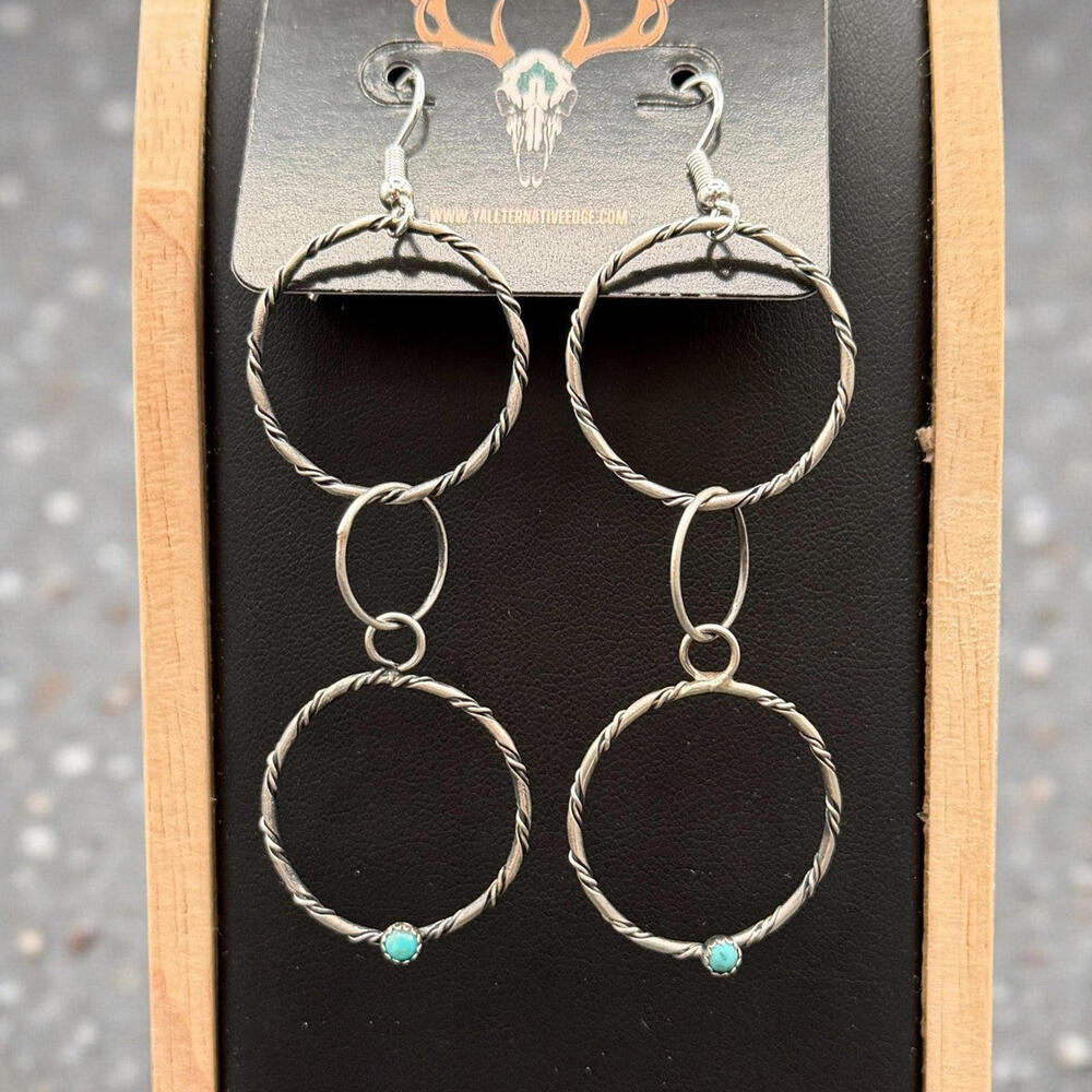 Sterling Silver Triple Hoop Turquoise Drop Earrings- Native